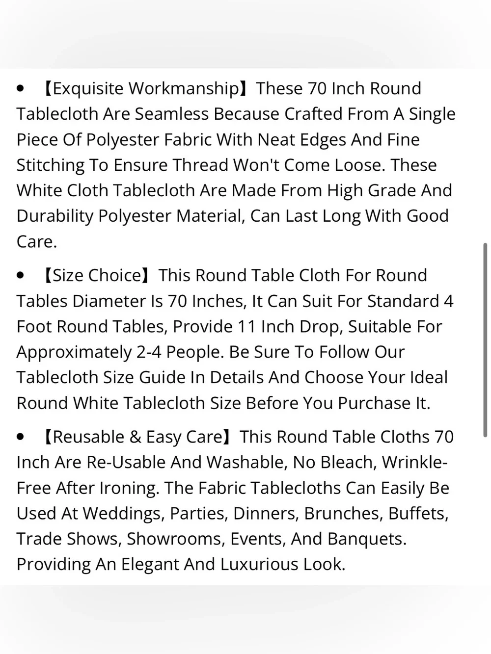 Classic Tablecloth 70” Round WASHABLE REUSABLE EASY-CARE (8-pack) WHITE